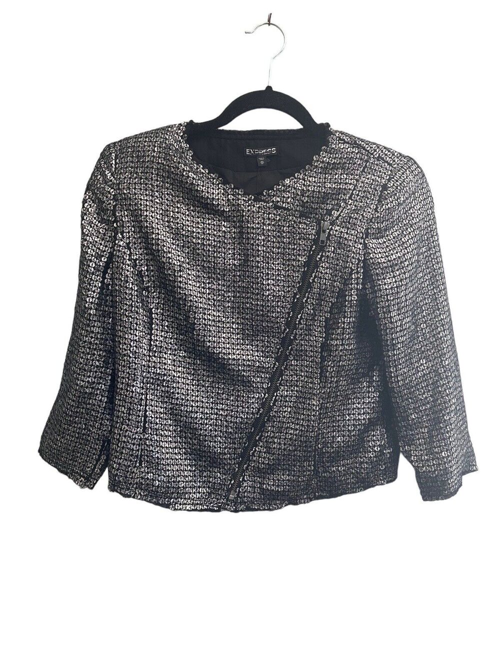 NWT Express XS Silver Black Sequin Moto Jacket 3/4 Sleeve Holiday $128 #1816